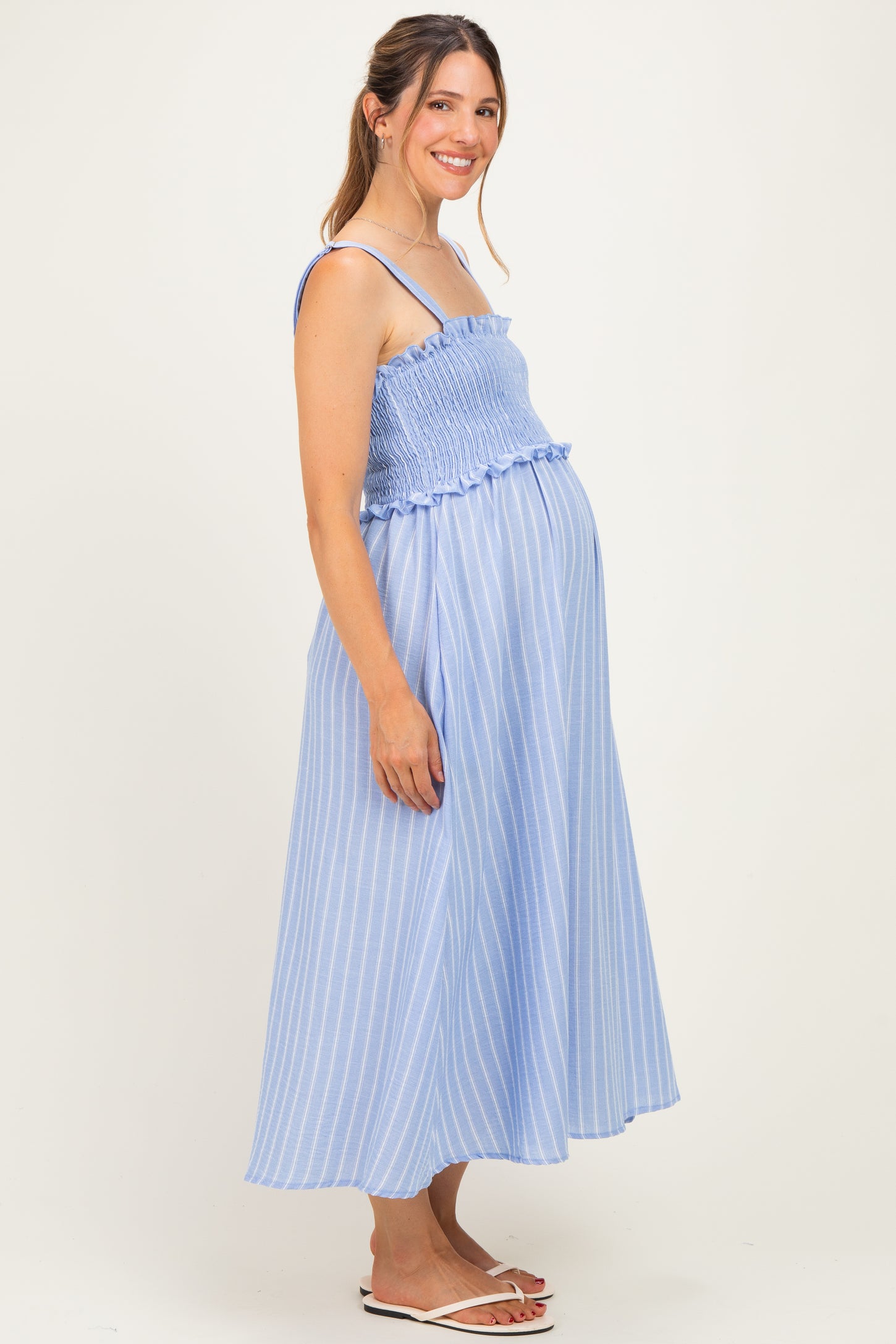 Blue Sleeveless Smocked Striped Maternity Maxi Dress