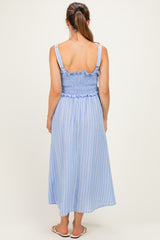 Blue Sleeveless Smocked Striped Maternity Maxi Dress