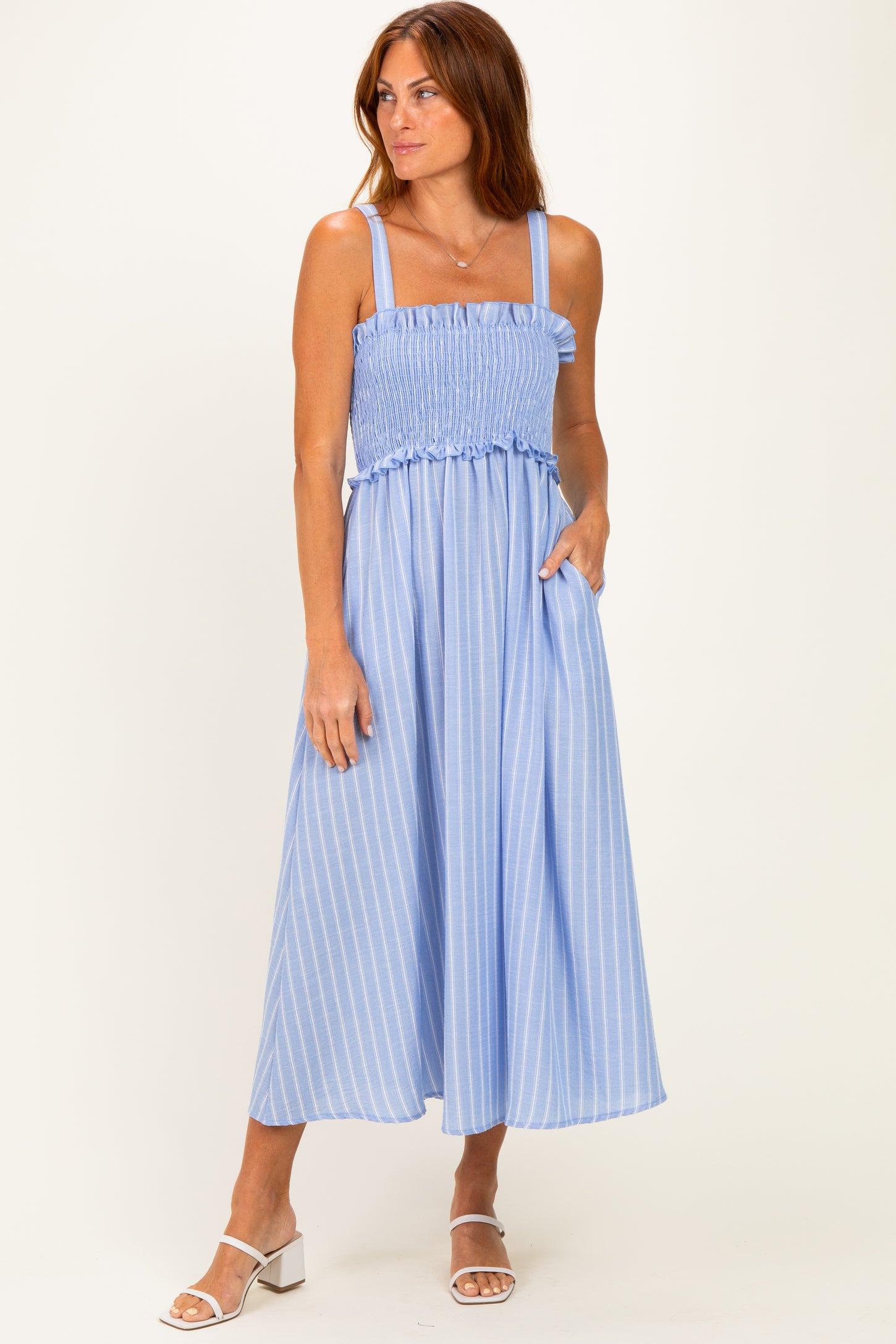 Blue Sleeveless Smocked Striped Maxi Dress