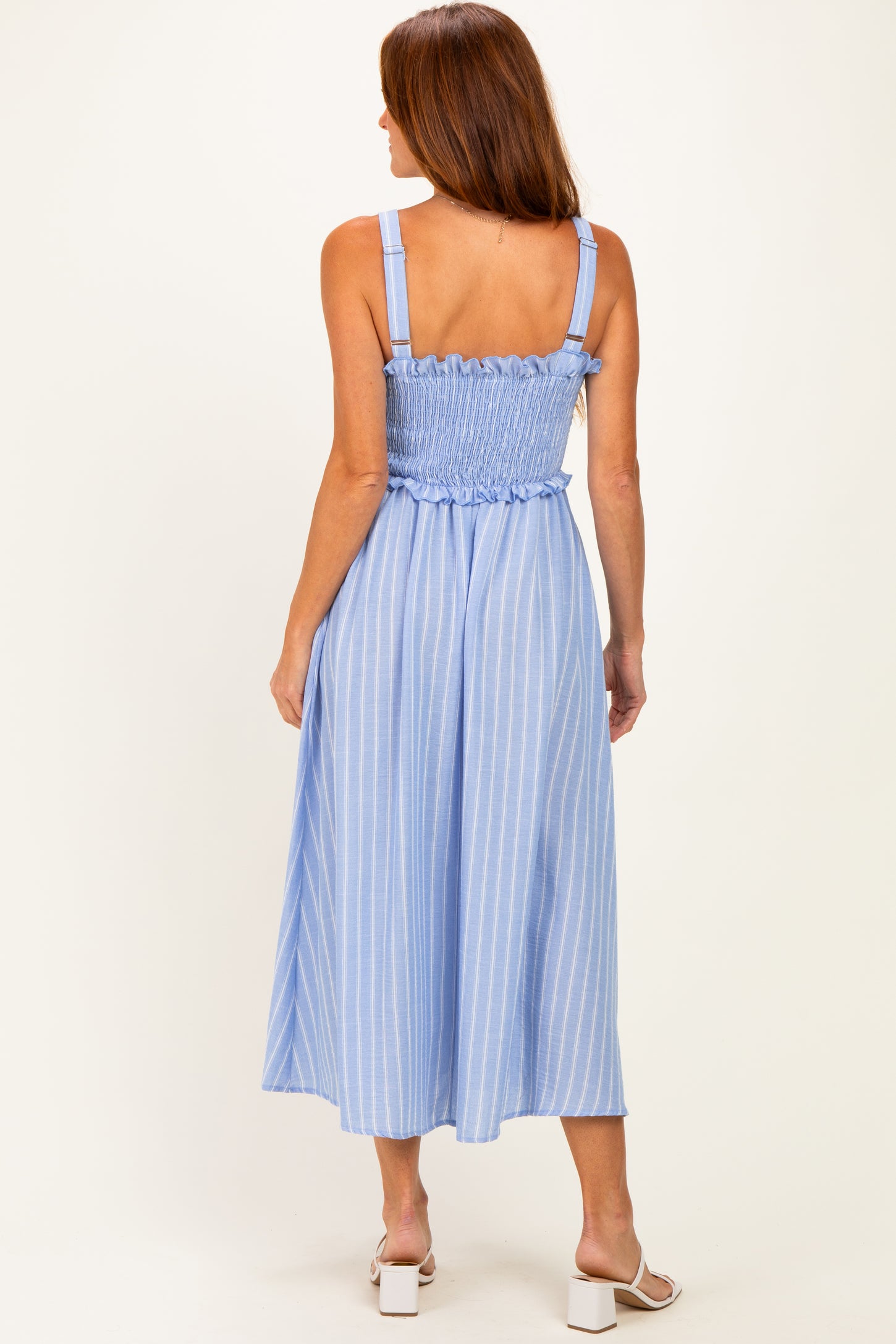 Blue Sleeveless Smocked Striped Maxi Dress