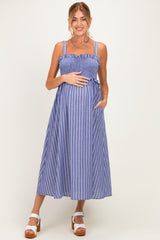 Navy Sleeveless Smocked Striped Maternity Maxi Dress