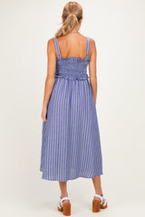 Navy Sleeveless Smocked Striped Maternity Maxi Dress