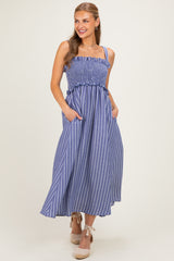 Navy Sleeveless Smocked Striped Maternity Maxi Dress