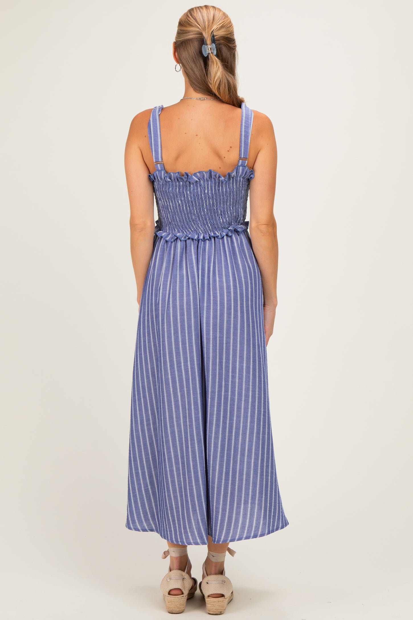 Navy Sleeveless Smocked Striped Maxi Dress