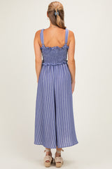Navy Sleeveless Smocked Striped Maxi Dress