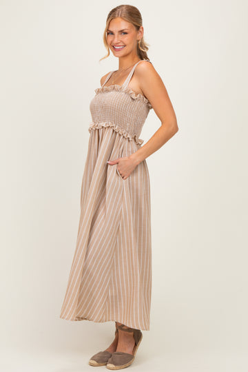 Taupe Sleeveless Smocked Striped Maxi Dress
