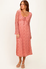Pink Floral Lace Long Bell Sleeve Midi Dress
