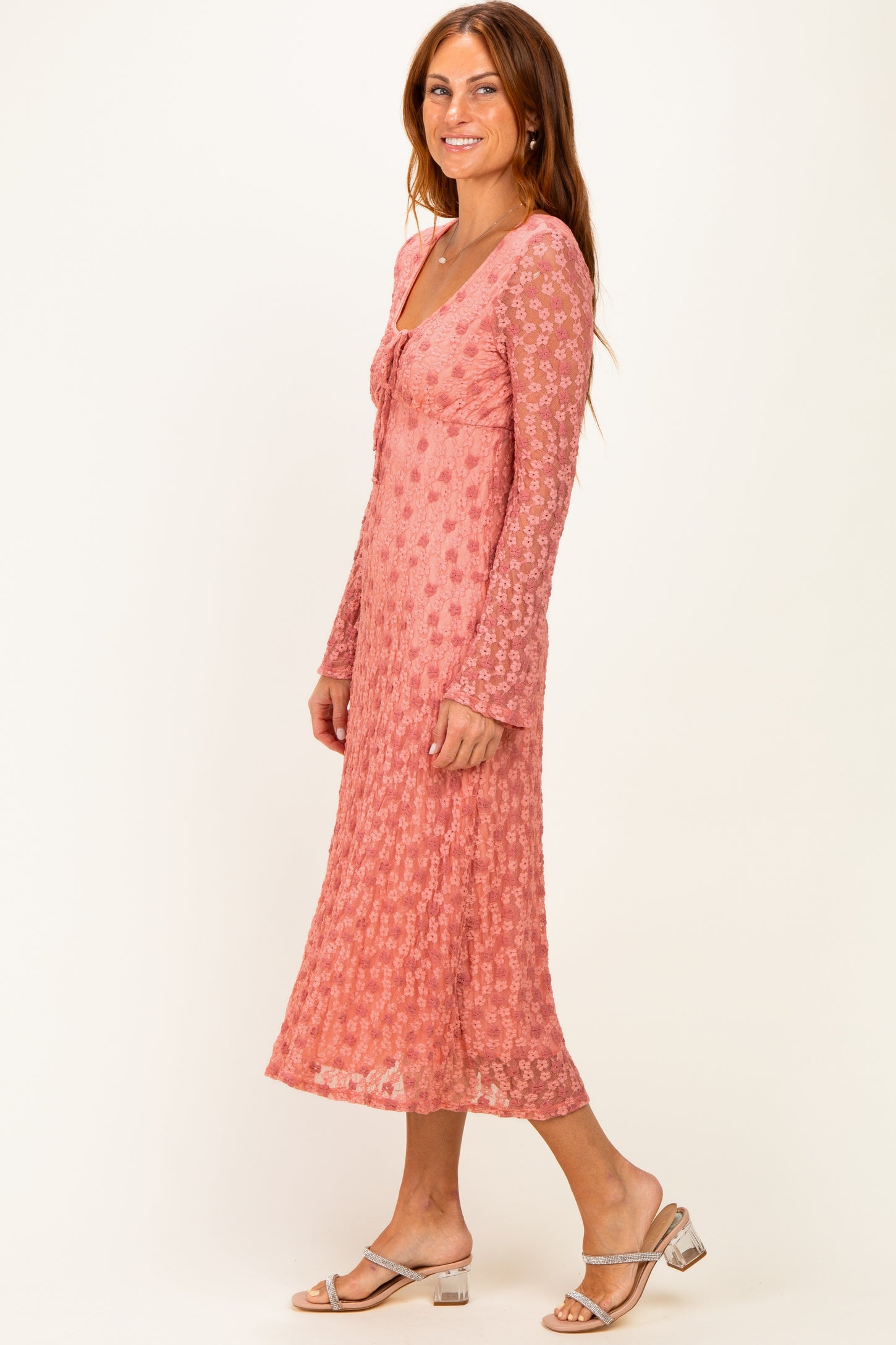 Pink Floral Lace Long Bell Sleeve Midi Dress