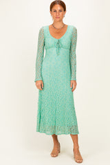 Mint Green Floral Lace Long Bell Sleeve Midi Dress