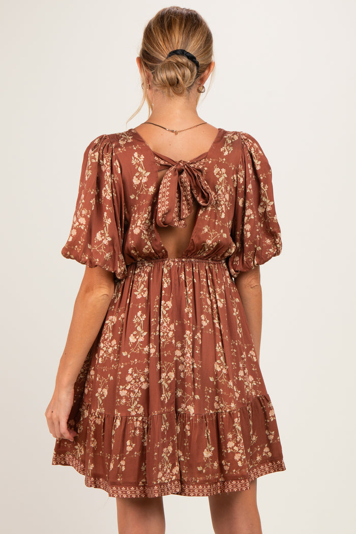 Brown Floral Deep V-Neck Tie Back Maternity Dress