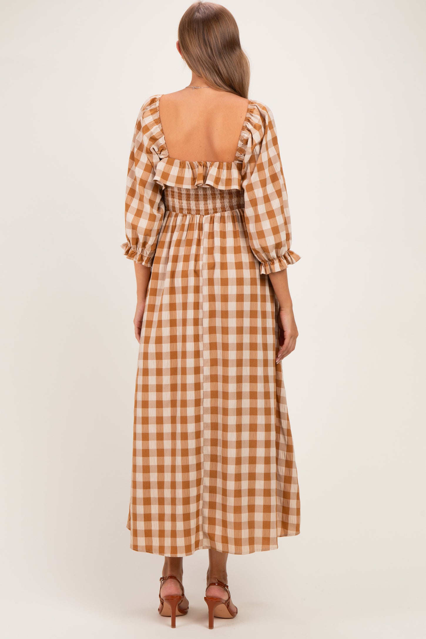 Brown Gingham Ruffle Smocked Maternity Maxi