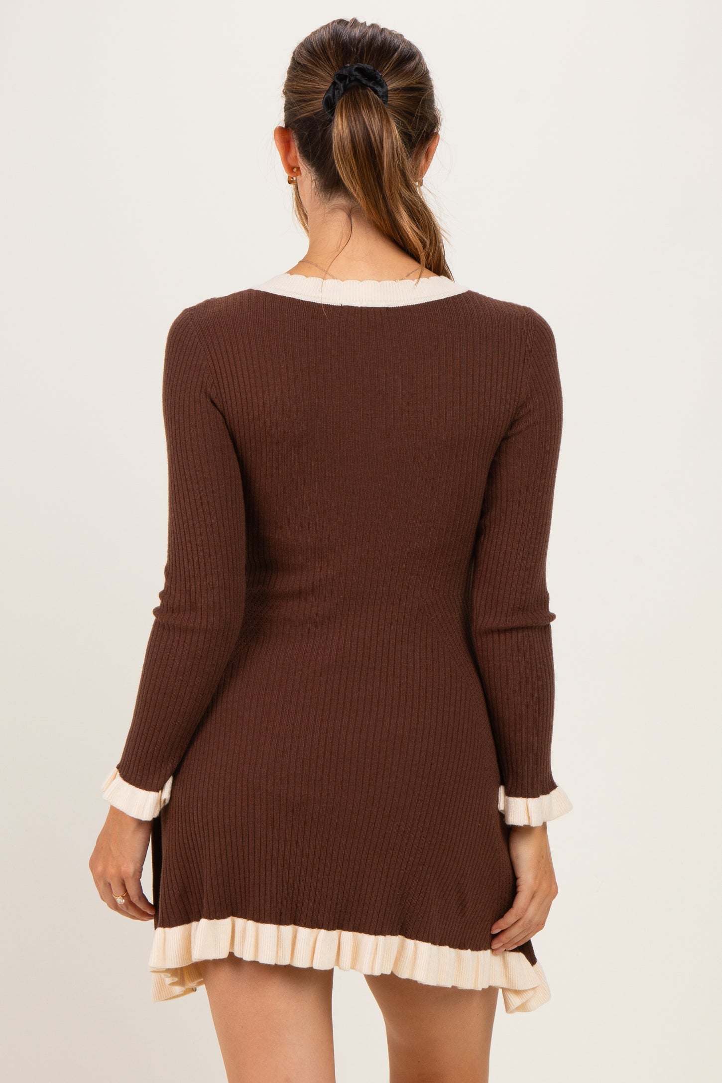 Brown Ribbed Knit Contrast Ruffle Trim Maternity Mini Dress