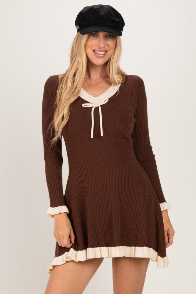 Brown Ribbed Knit Contrast Ruffle Trim Mini Dress