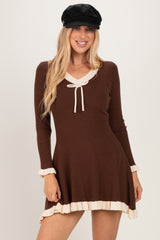 Brown Ribbed Knit Contrast Ruffle Trim Maternity Mini Dress