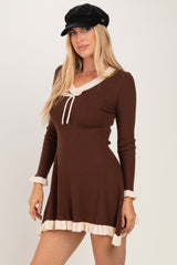 Brown Ribbed Knit Contrast Ruffle Trim Mini Dress