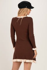 Brown Ribbed Knit Contrast Ruffle Trim Mini Dress