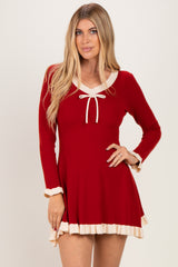Red Ribbed Knit Contrast Ruffle Trim Mini Dress