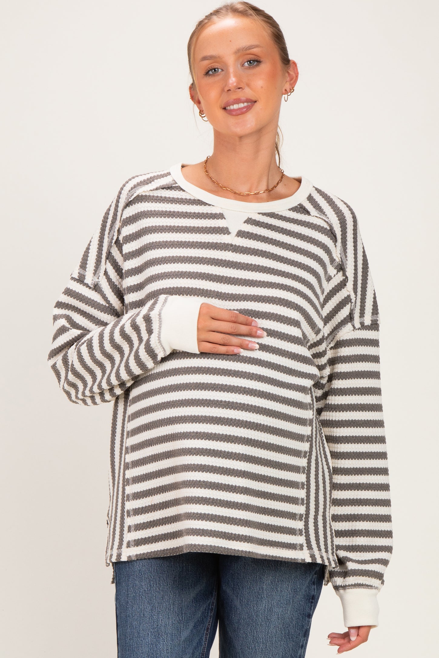 Grey Striped Waffle Knit Oversized Maternity Pullover Top