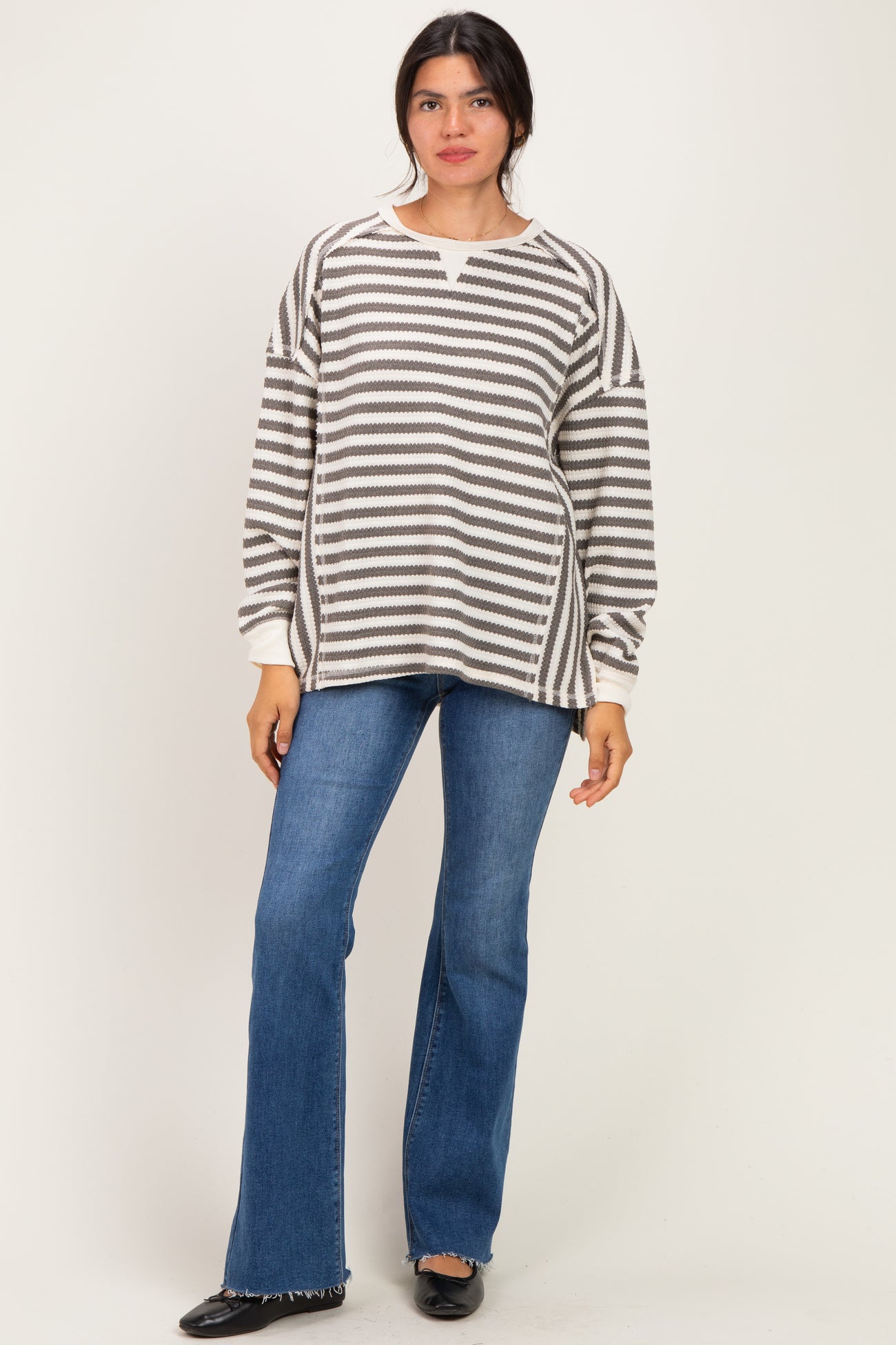Grey Striped Waffle Knit Oversized Pullover Top