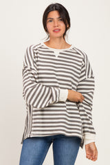 Grey Striped Waffle Knit Oversized Pullover Top