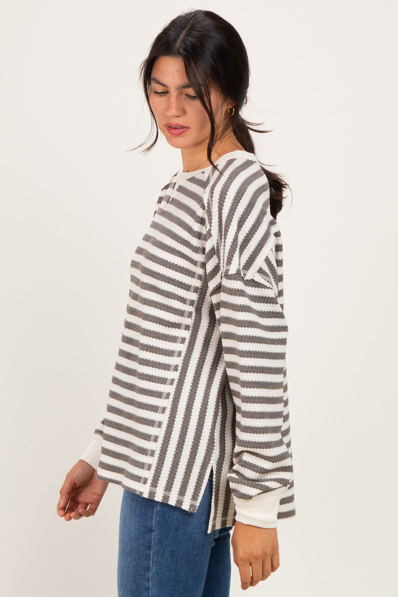 Grey Striped Waffle Knit Oversized Pullover Top