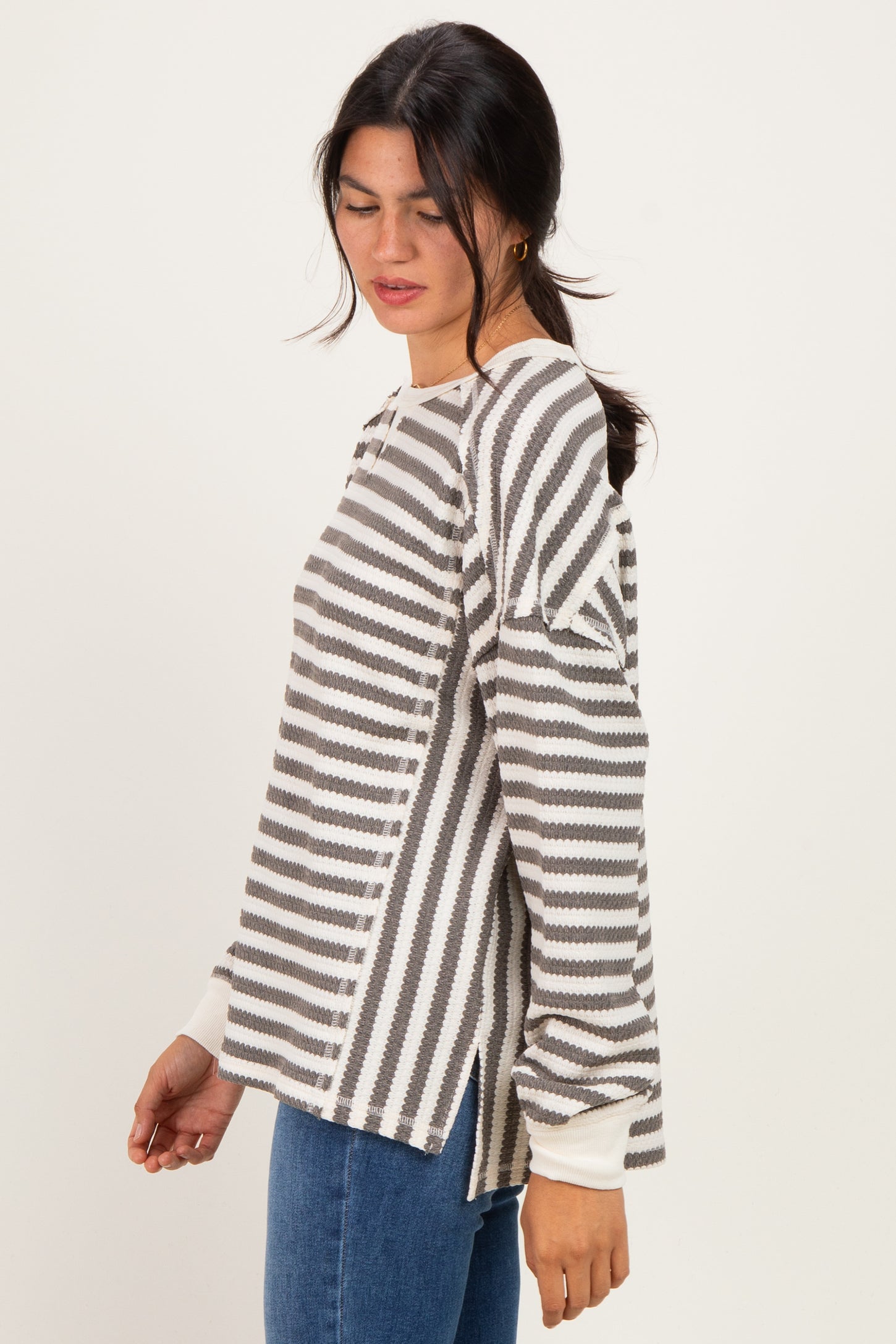 Grey Striped Waffle Knit Oversized Pullover Top