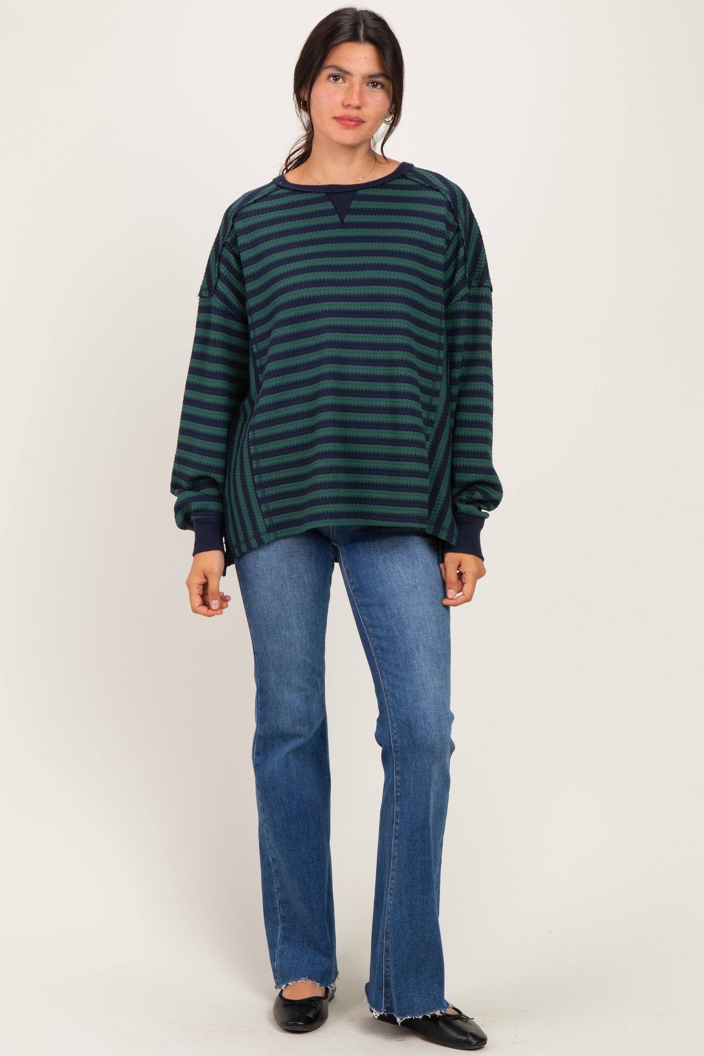 Navy Striped Waffle Knit Oversized Pullover Top