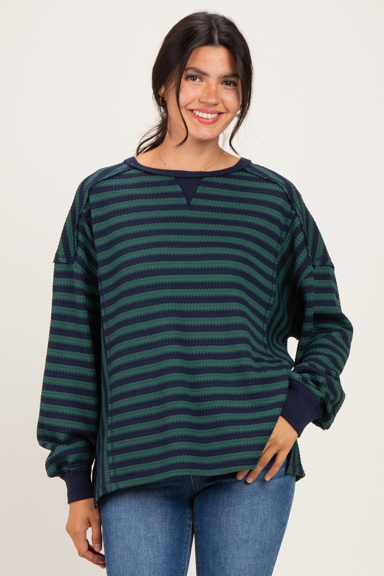 Navy Striped Waffle Knit Oversized Pullover Top