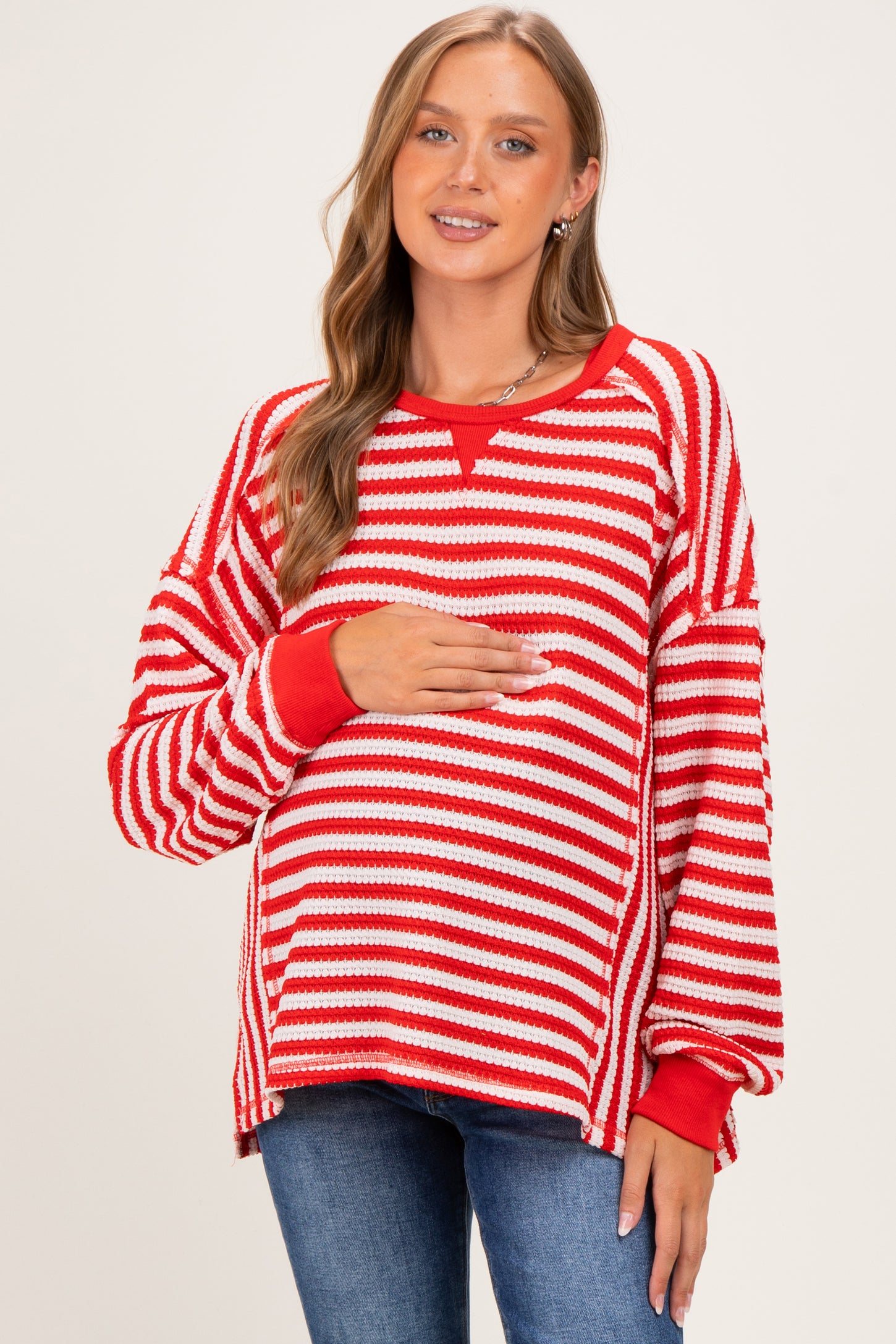 Red Striped Waffle Knit Oversized Maternity Pullover Top