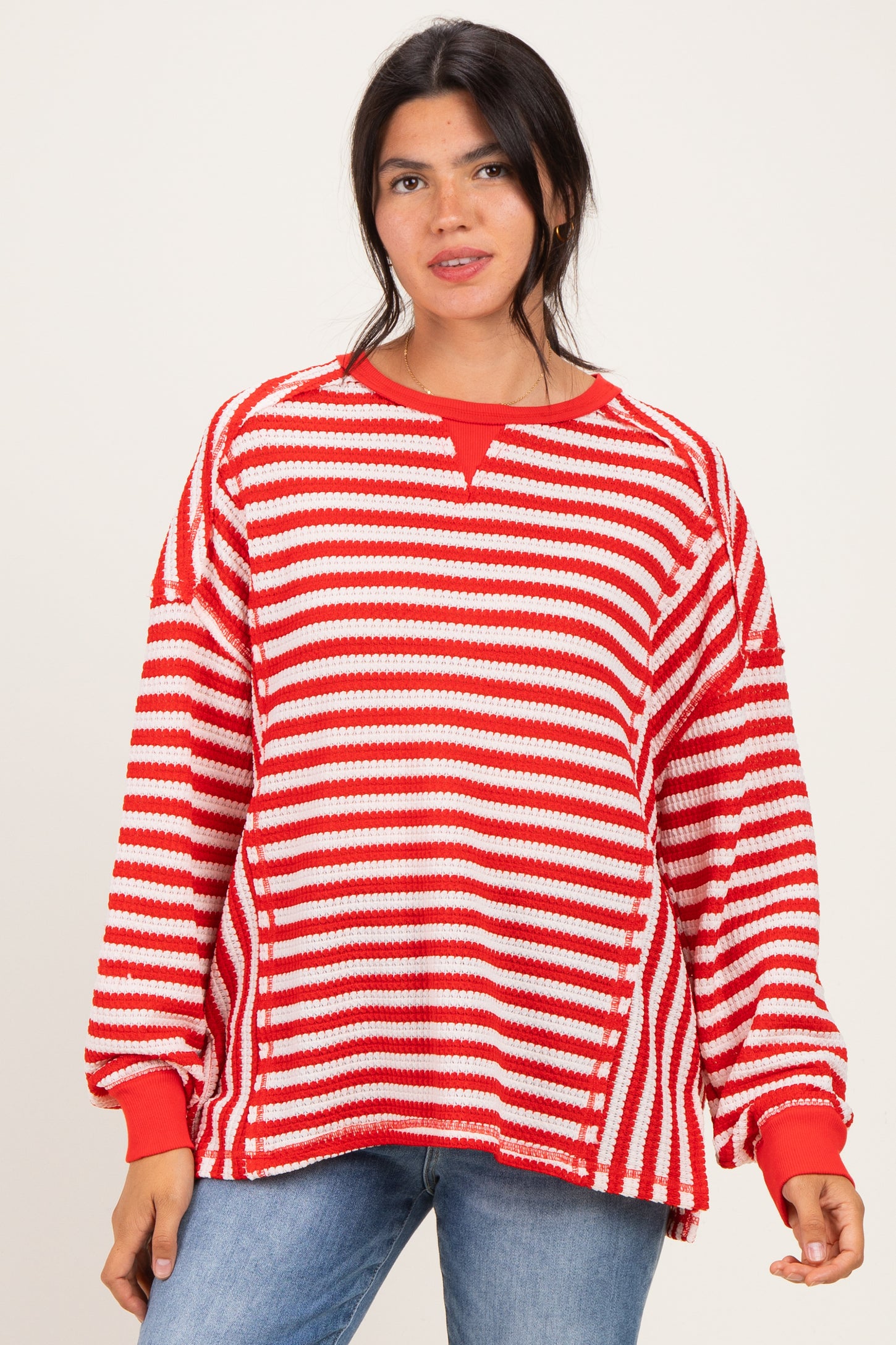 Red Striped Waffle Knit Oversized Maternity Pullover Top