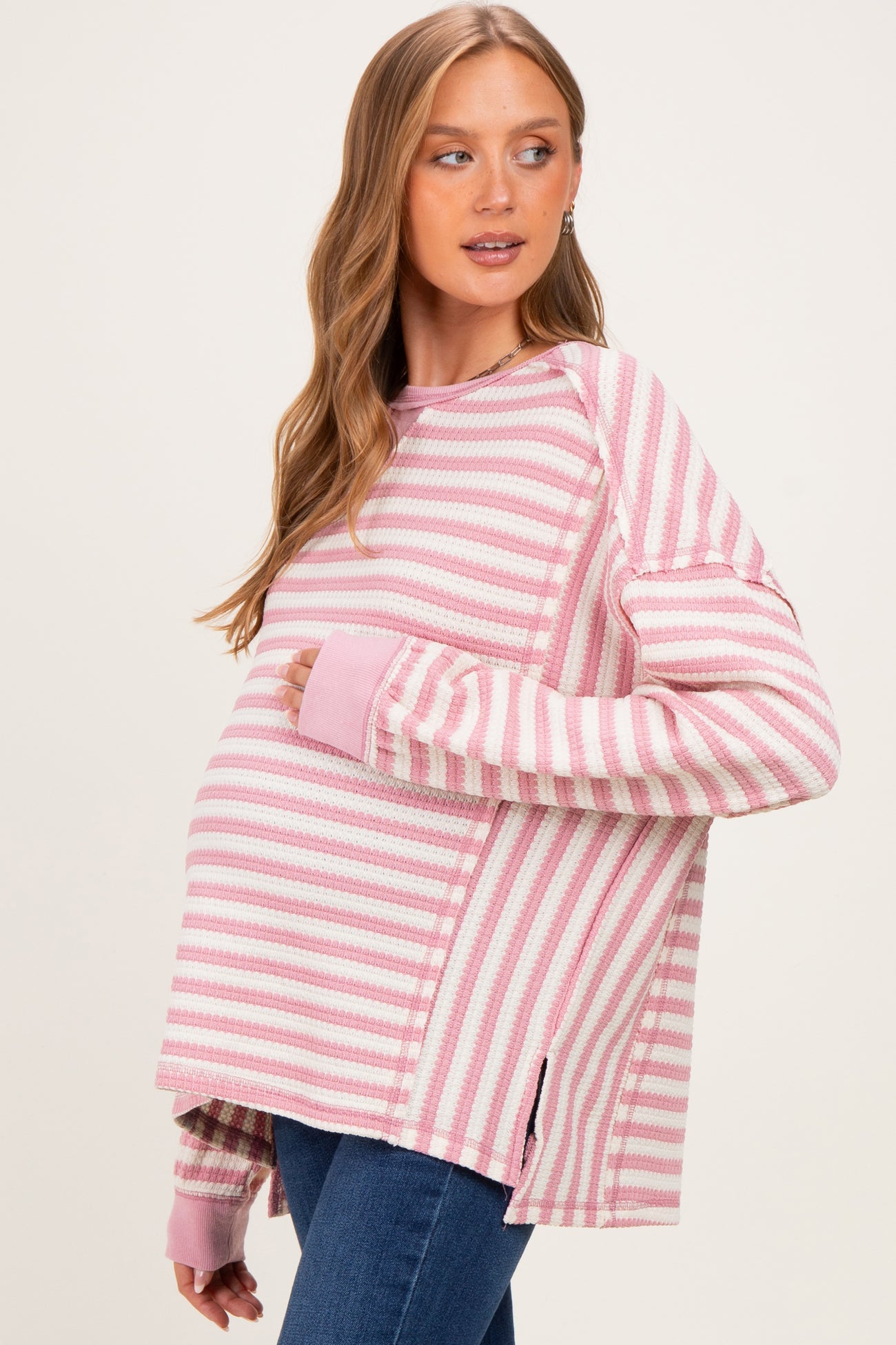 Pink Striped Waffle Knit Oversized Maternity Pullover Top