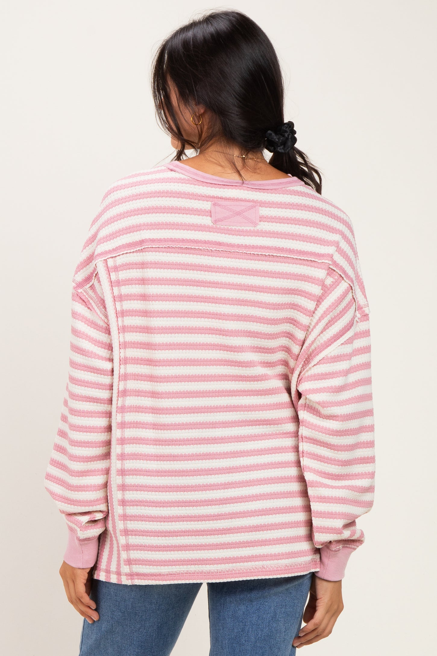 Pink Striped Waffle Knit Oversized Pullover Top