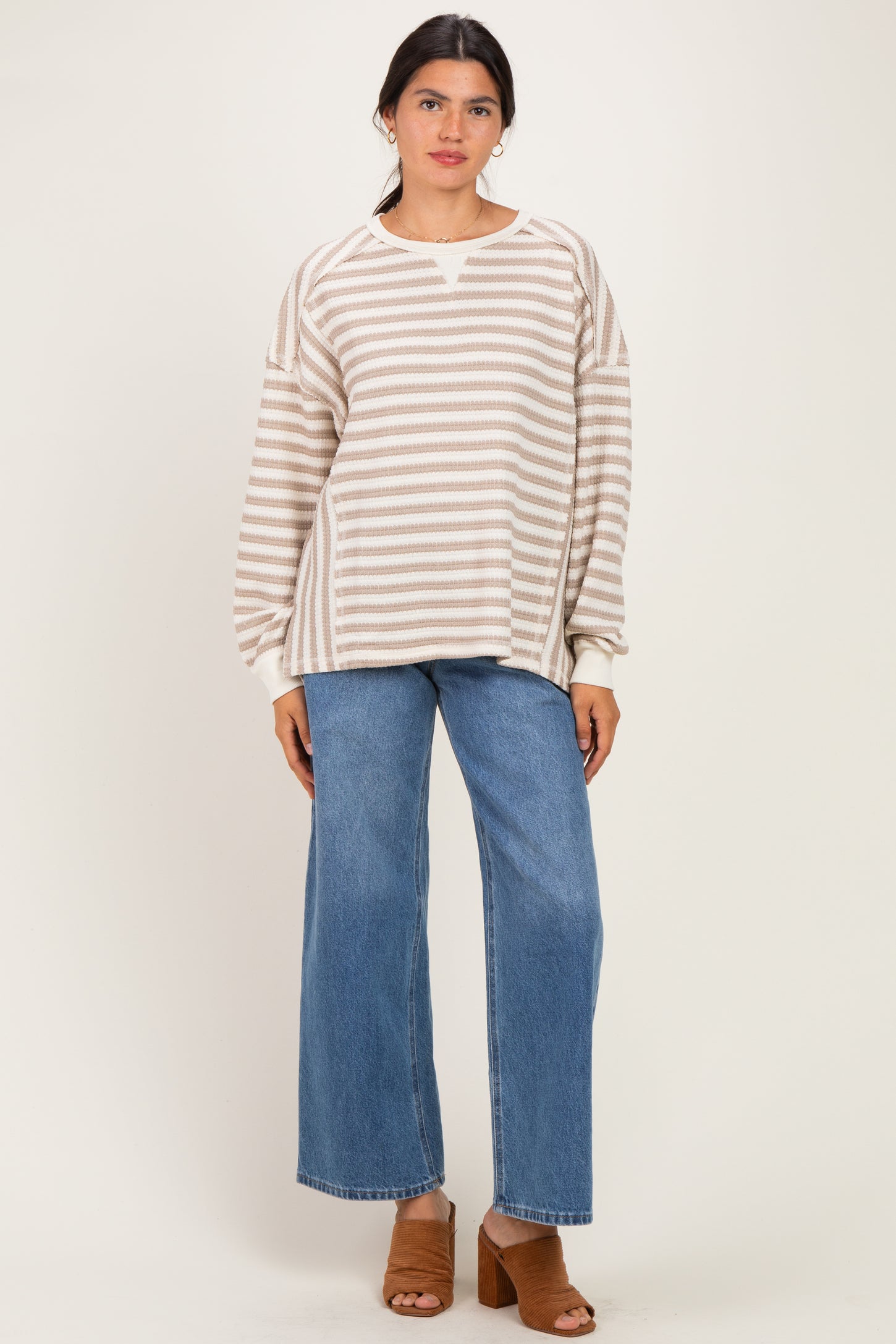 Light Taupe Striped Waffle Knit Oversized Pullover Top
