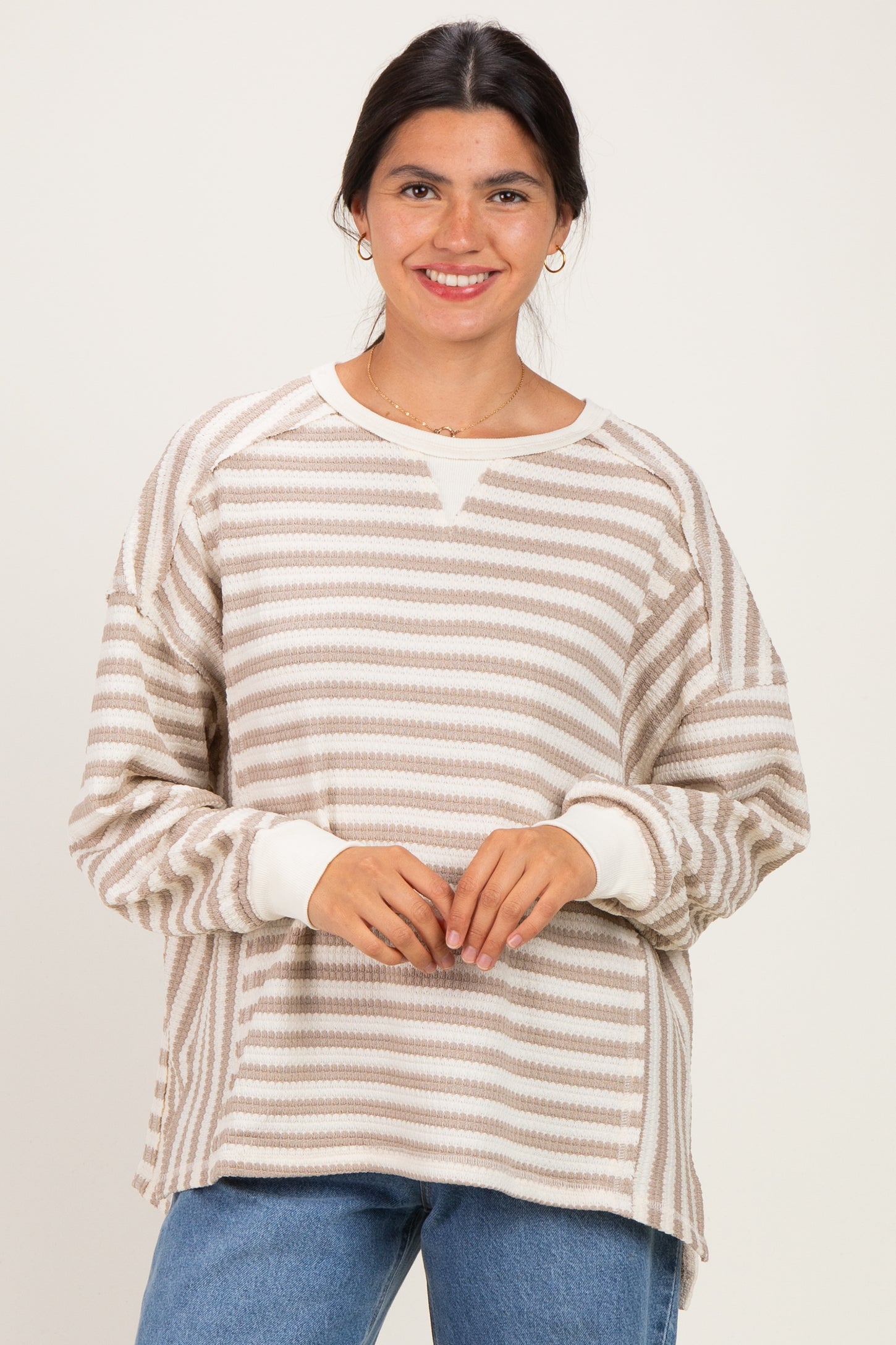 Light Taupe Striped Waffle Knit Oversized Pullover Top