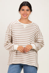 Light Taupe Striped Waffle Knit Oversized Pullover Top