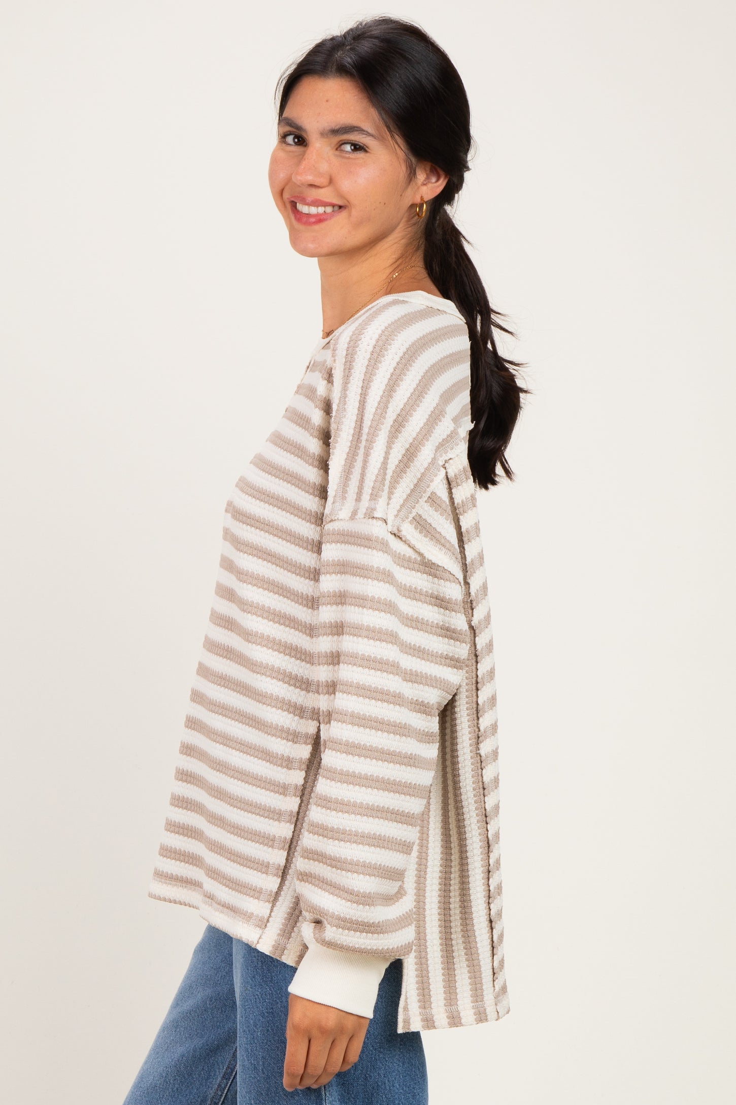 Light Taupe Striped Waffle Knit Oversized Pullover Top
