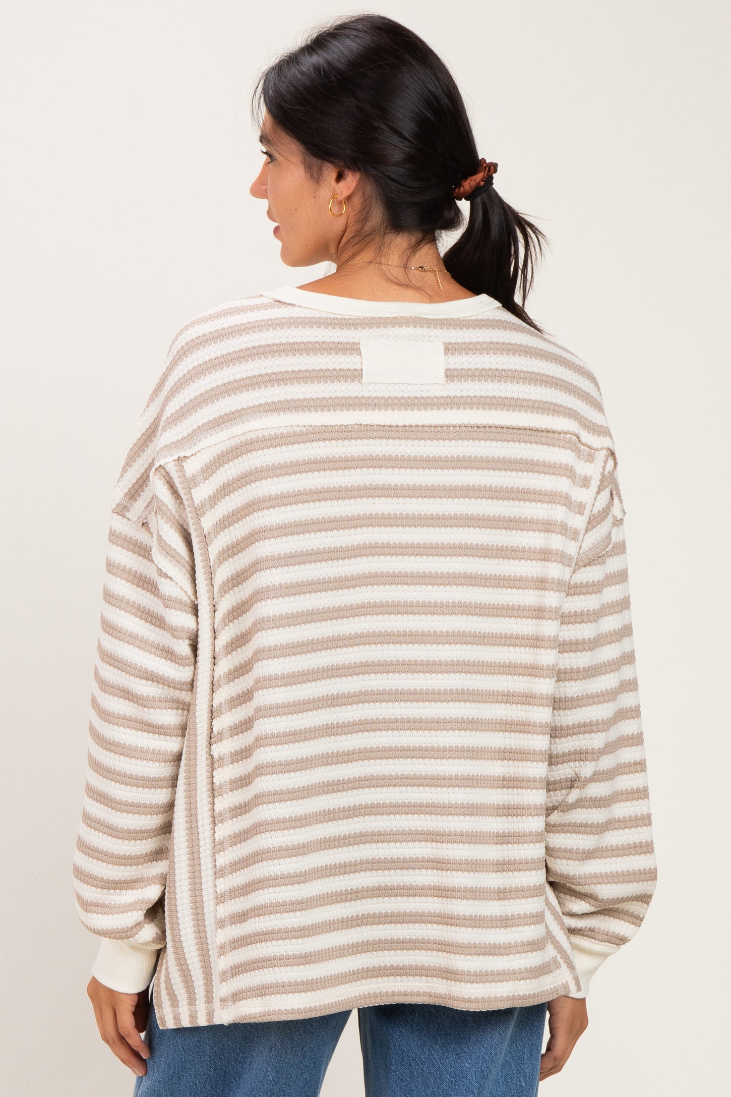 Light Taupe Striped Waffle Knit Oversized Pullover Top