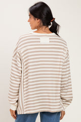 Light Taupe Striped Waffle Knit Oversized Pullover Top