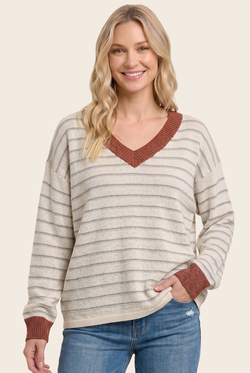 Rust Striped Solid Trim V-Neck Maternity Sweater