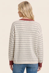 Rust Striped Solid Trim V-Neck Sweater
