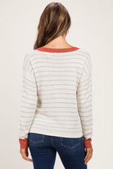 Rust Striped Solid Trim V-Neck Maternity Sweater