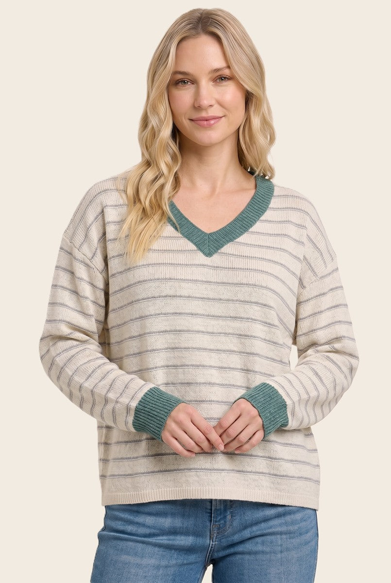 Jade Striped Solid Trim V-Neck Sweater