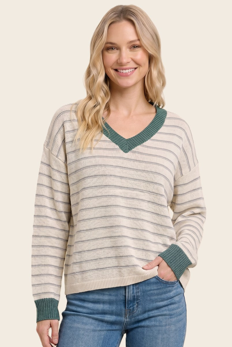 Jade Striped Solid Trim V-Neck Sweater