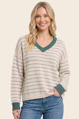 Jade Striped Solid Trim V-Neck Sweater