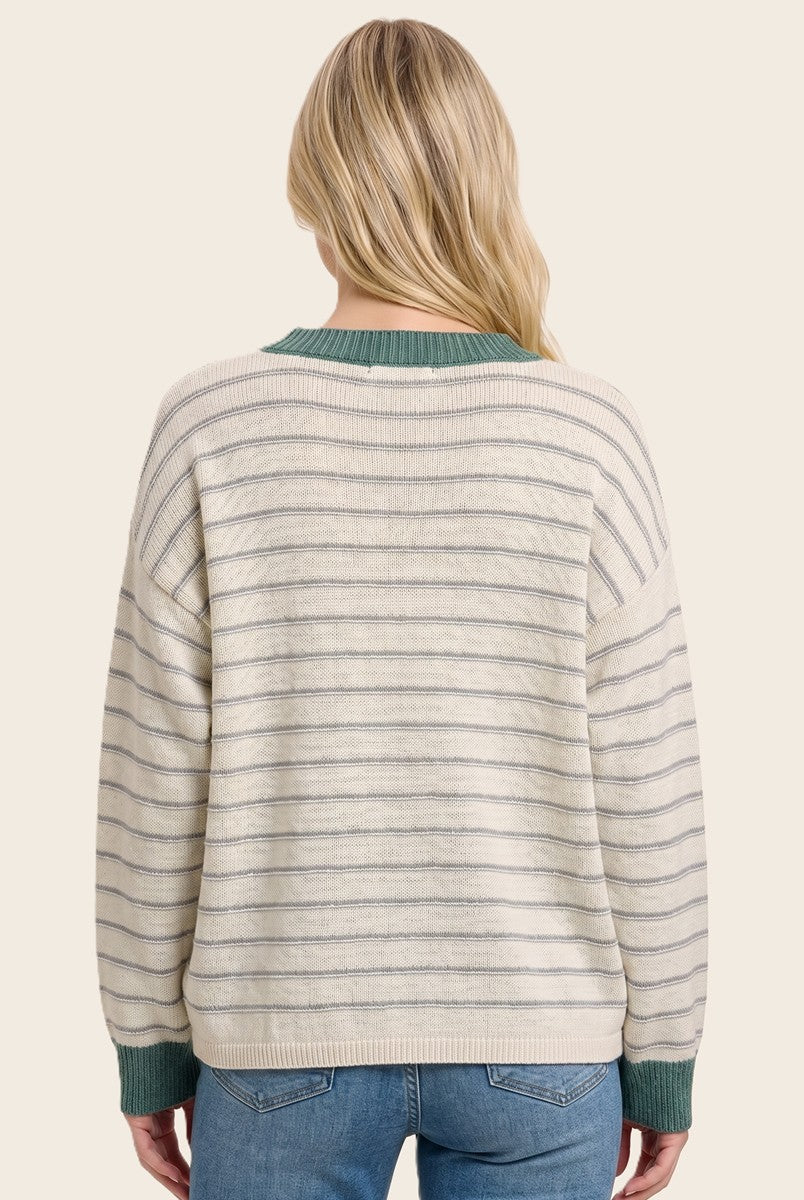 Jade Striped Solid Trim V-Neck Sweater