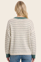 Jade Striped Solid Trim V-Neck Sweater