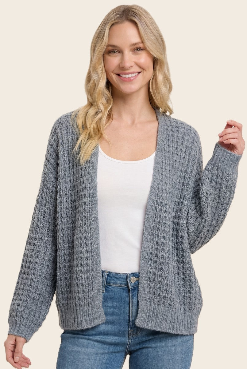 Grey Chunky Waffle Knit Open Cardigan