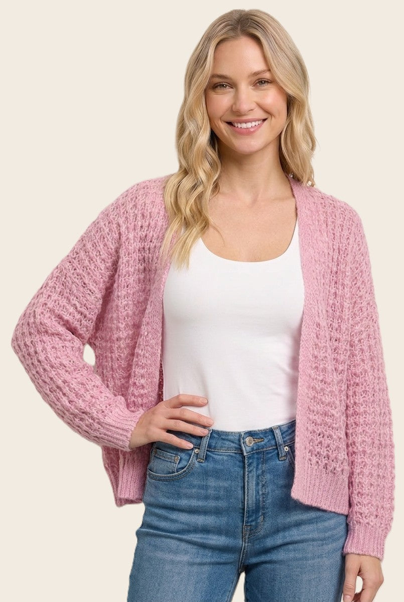 Pink Chunky Waffle Knit Open Cardigan