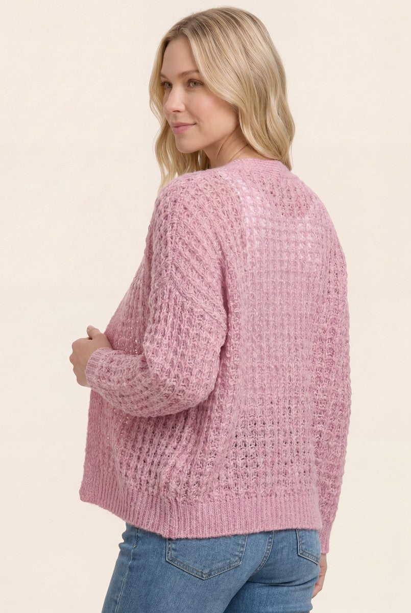 Pink Chunky Waffle Knit Open Cardigan