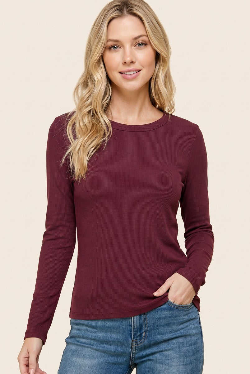 Burgundy Fitted Ribbed Long Sleeve